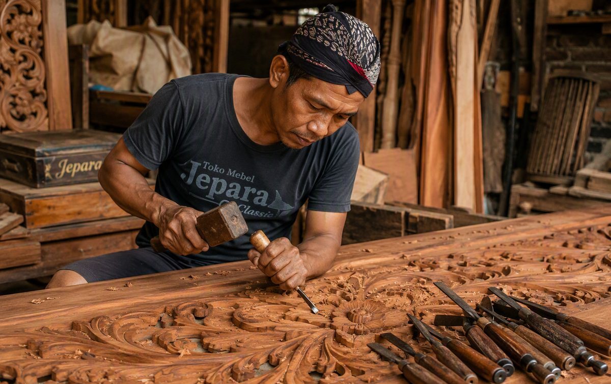 Pengrajin Dua Putra Furniture sedang mengukir kayu jati di workshop Jepara